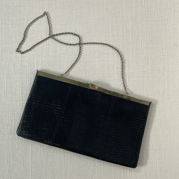 VINTAGE Etra Black Leather Crocodile Embossed Clutch - Picture 4 of 9